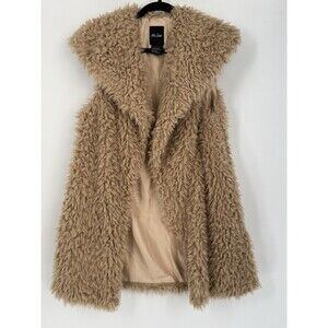 Me Jane Womens Faux Fur Shaggy Vest Sz L Tan Open Front Outerwear 60’s Cher Boho